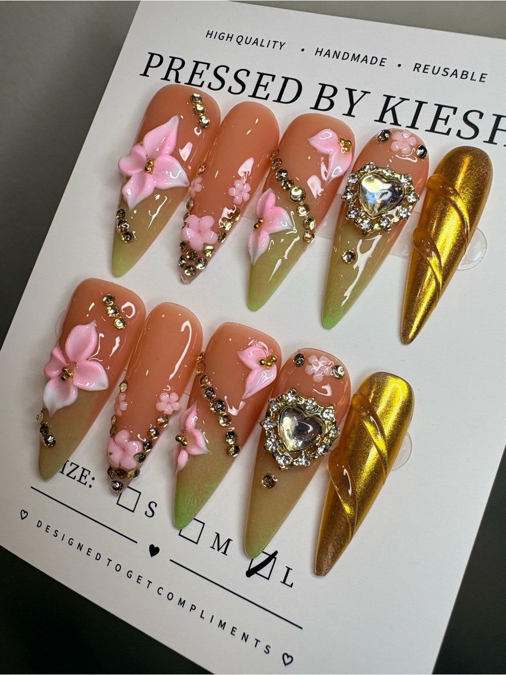 Handmade Pink Floral Stiletto Press-On Nails with Gold Accent